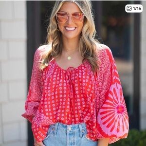 Free People Red and Pink Patterned Blouse